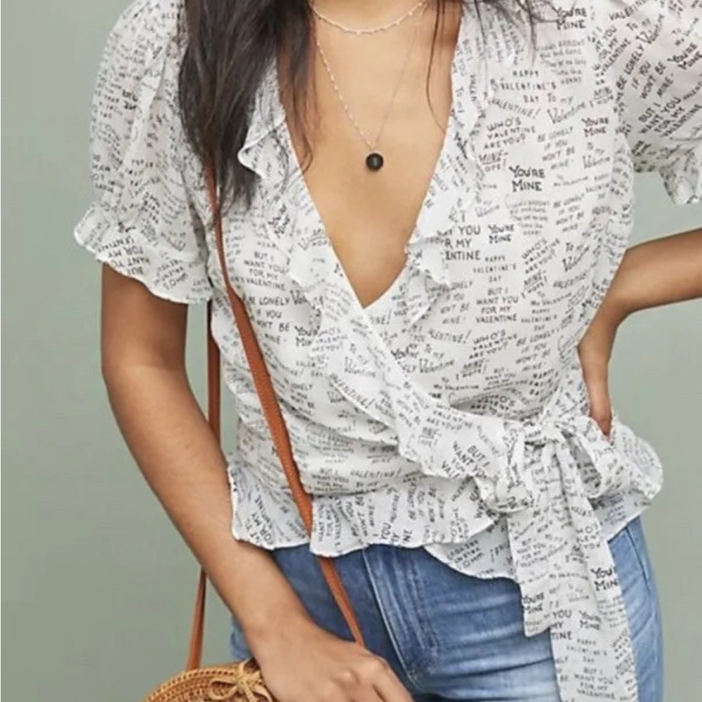 ❤️Meave by  Anthropologie Love Note Ruffle Script Valentines Wrap Top, Sz 12